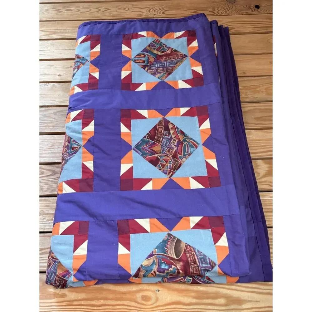Vintage Handmade New Mexico Desert Pin Wheel Patchwork Quilt 78x64 Purple M7